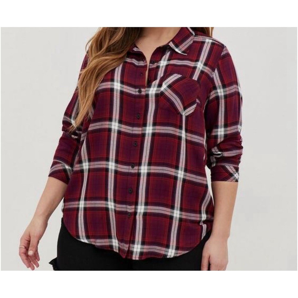 Torrid Top Womens 4X Red Plaid Button-Up Long Sleeve Lizzie Blouse